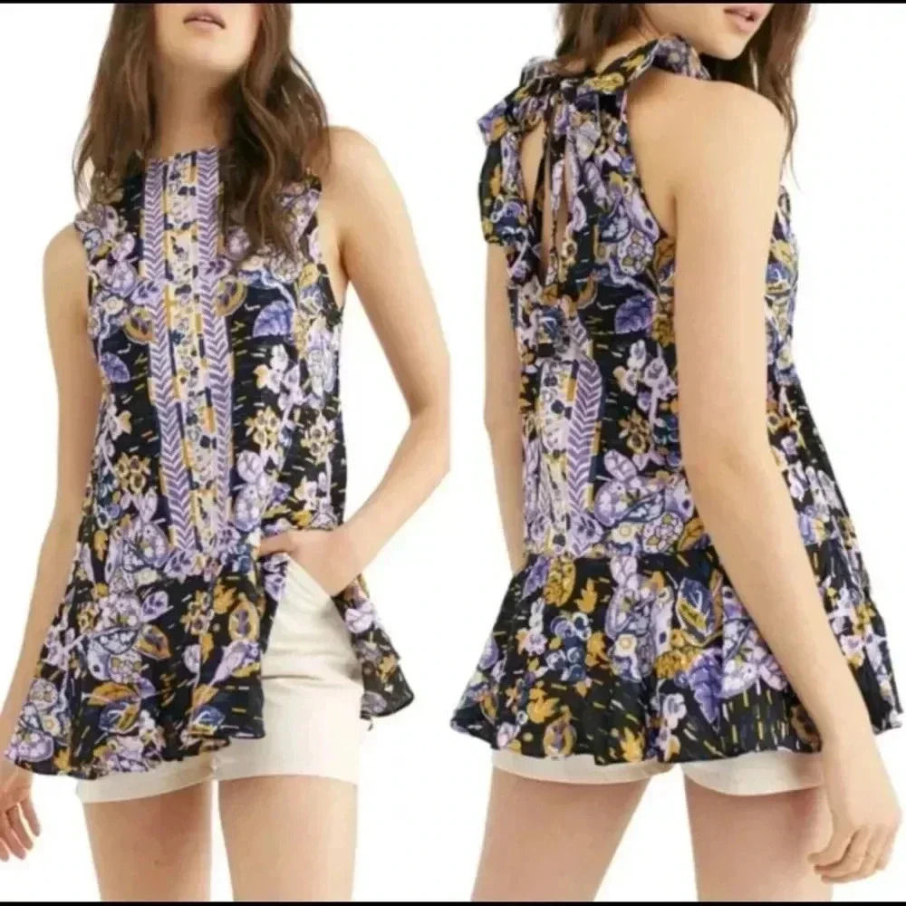 Free People Tunic Size Small Purple and Blue Print LINEN BLEND Relaxed Fit M